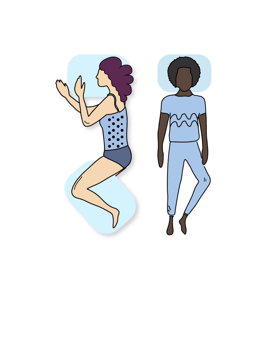 illustration of a man sleeping on his back and a woman sleeping on her side with a pillow between her knees and ankles