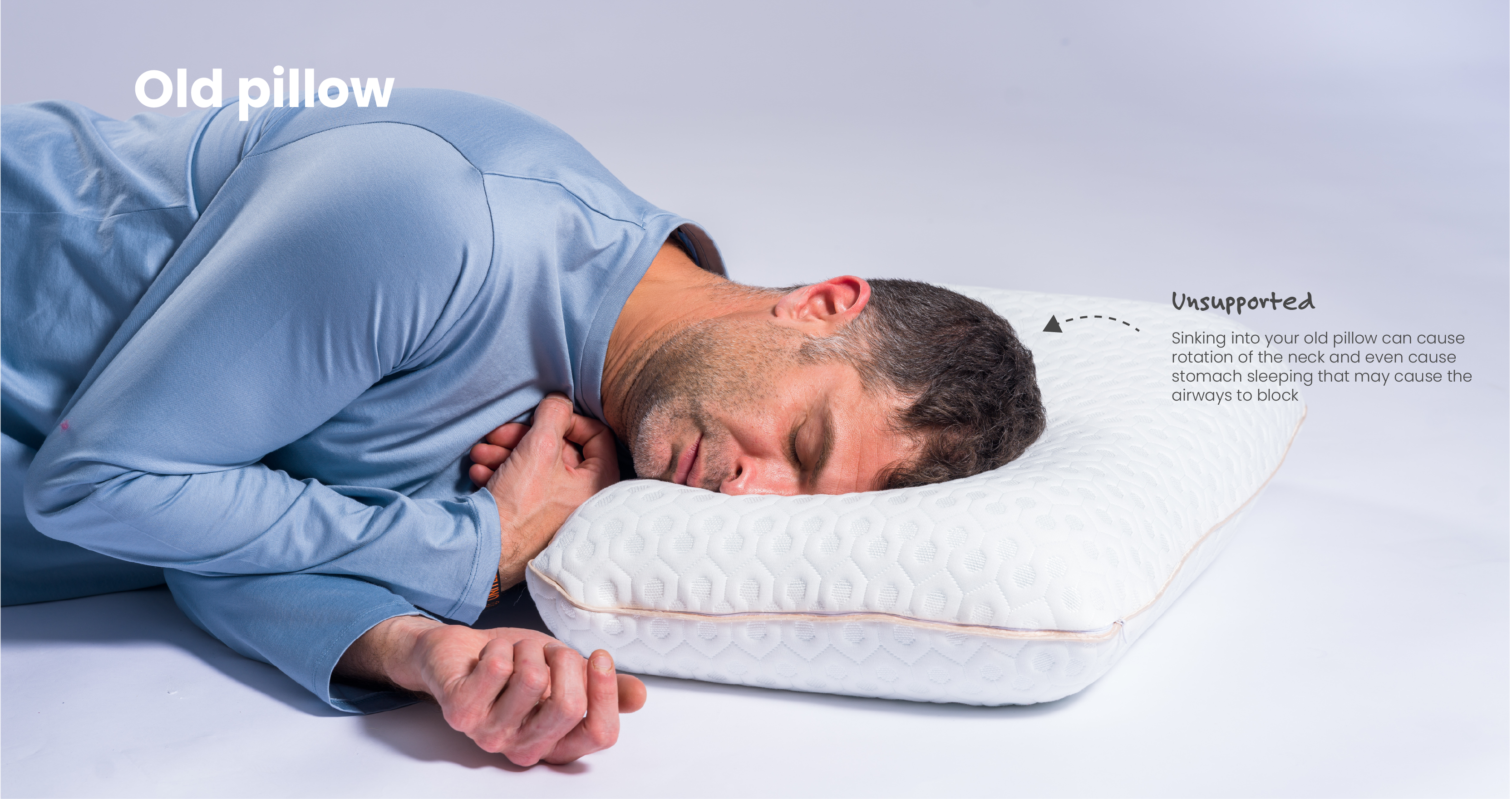Man sleeping on a pillow with a twisted neck with text indicating it's an old pillow.