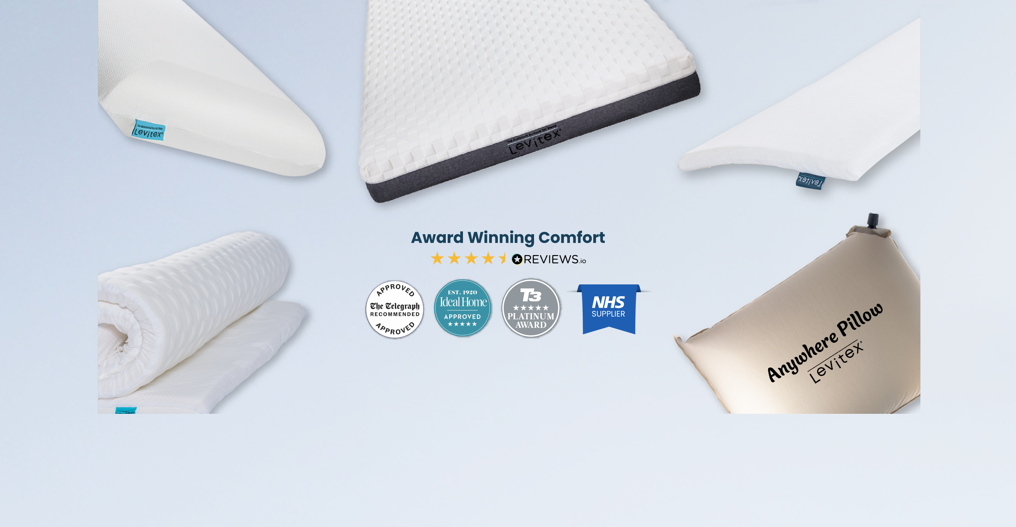 Products and certification logos on a light blue background