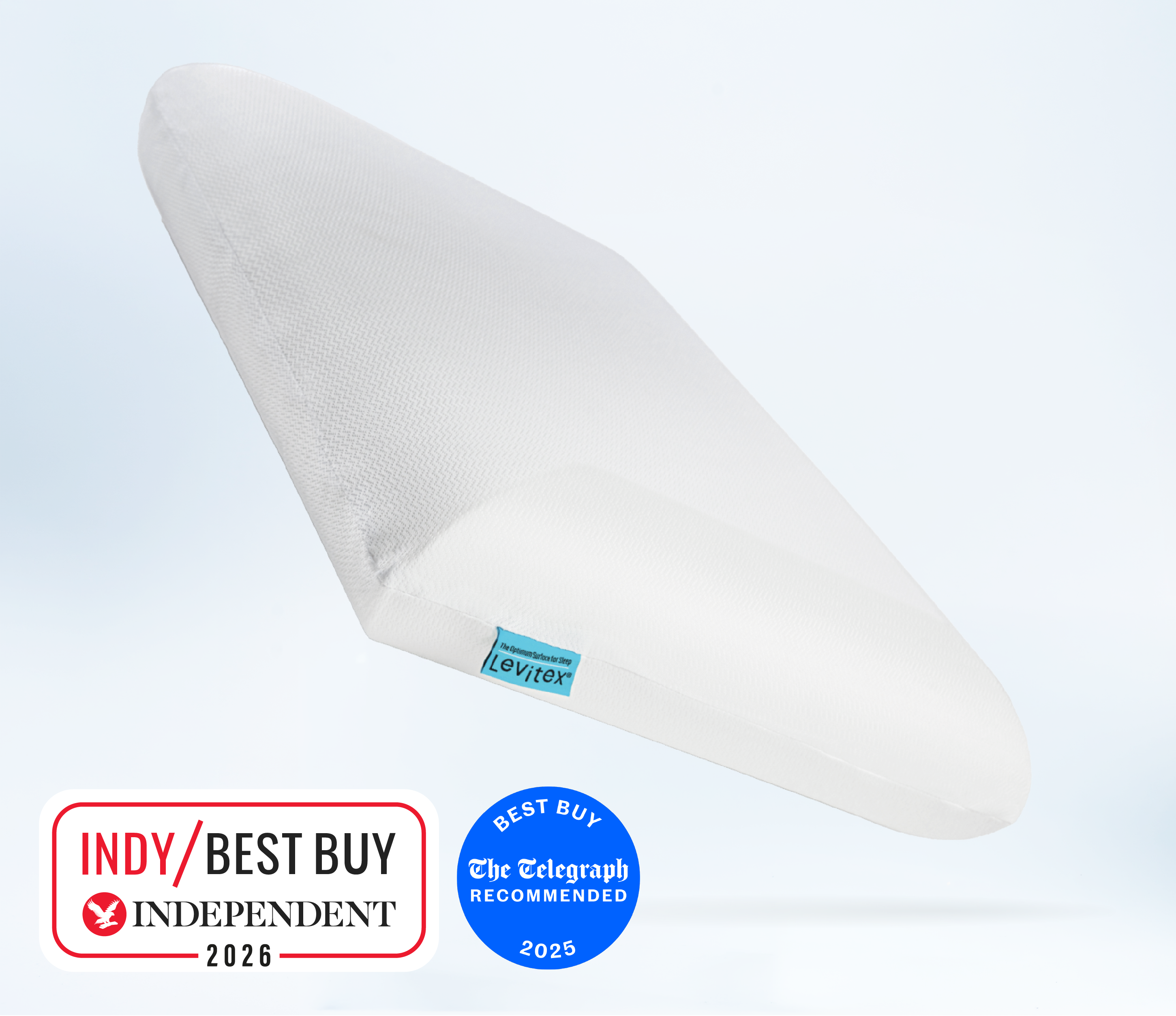 White pillow with Leviver label and Best Buy certification badges on a light blue background
