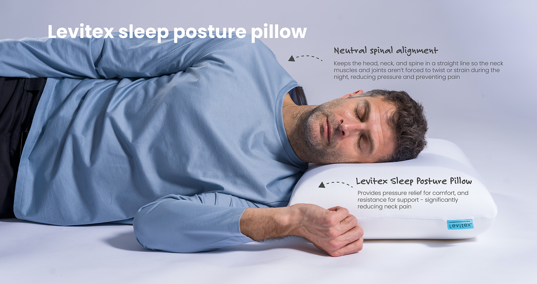 Man lying on a bed with a pillow for neck pain showing proper spinal alignment.