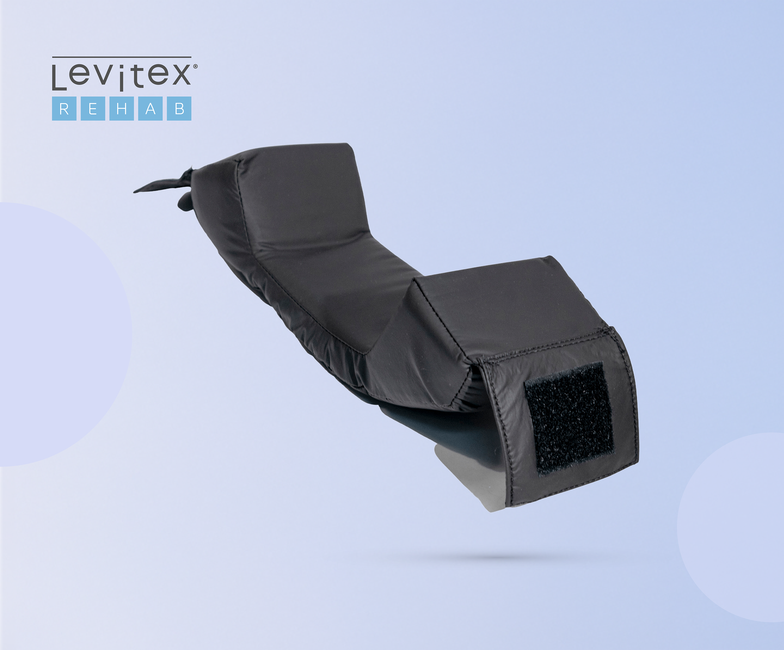 Black medical device - support straps for legs - on a light blue background with 'Levitex Rehab' branding.