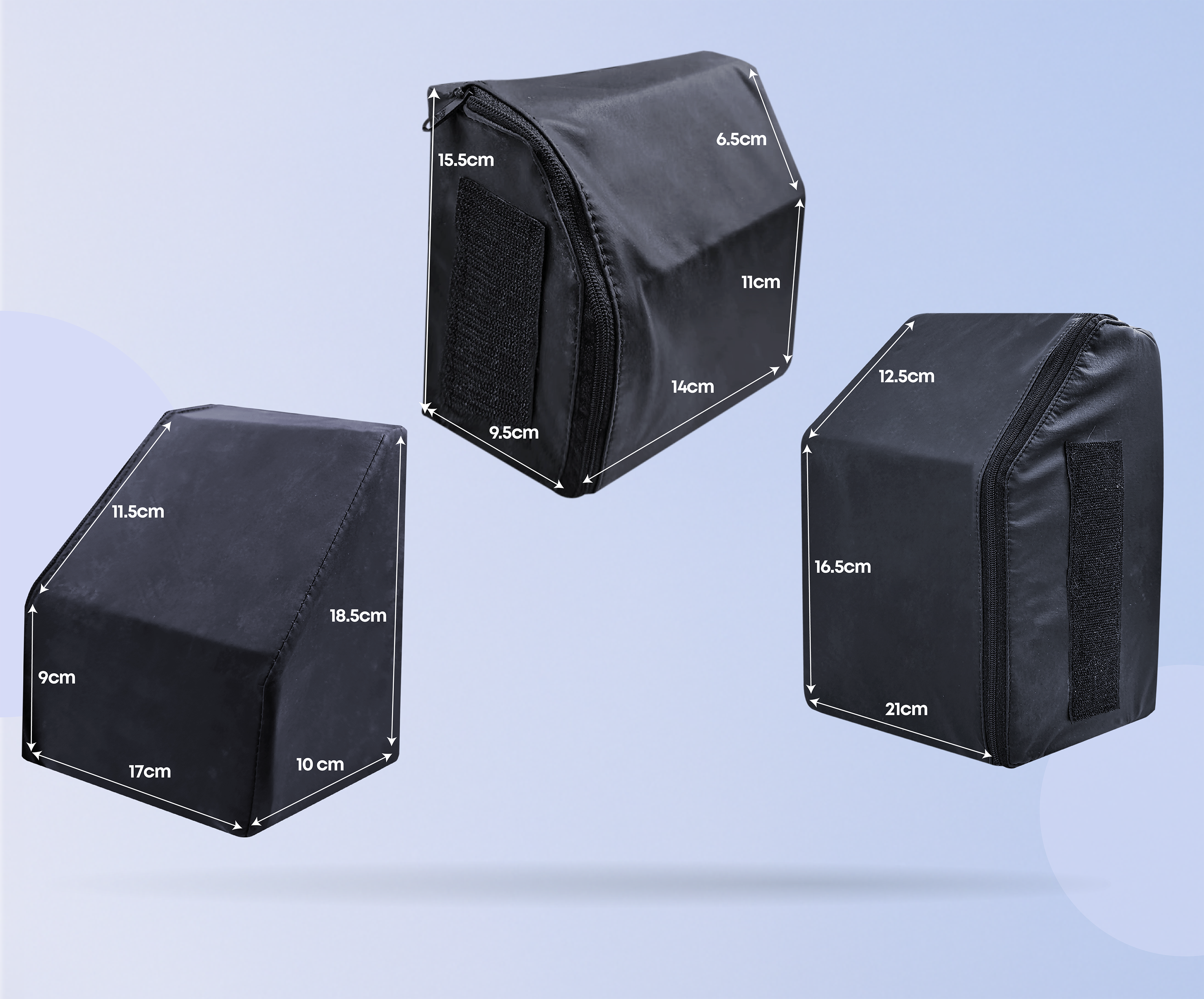 Three black Thorax supports with labeled dimensions on a light blue background