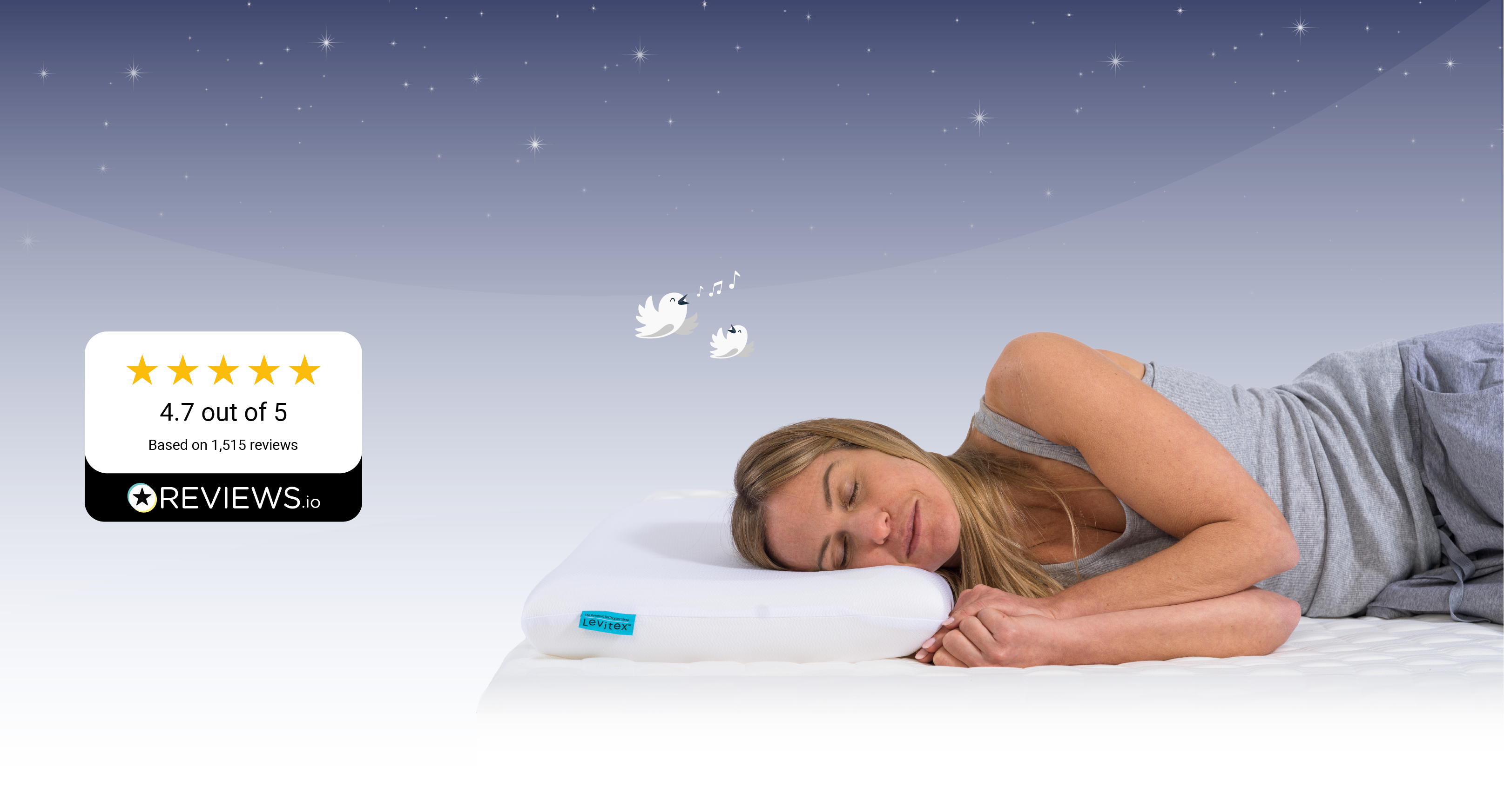 Woman sleeping on a pillow with a 4.7 out of 5 star rating label above her.