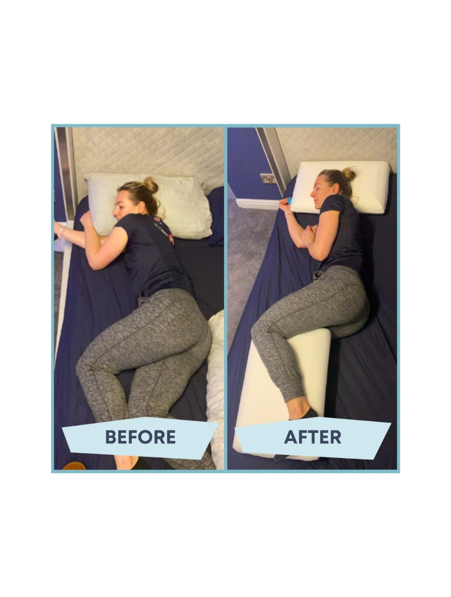 before and after showcasing a woman lying on her side. in the before she is lying on an unsupportive pillow. in the after she is lying on a levitex pillow with a pillow between her knees and ankles