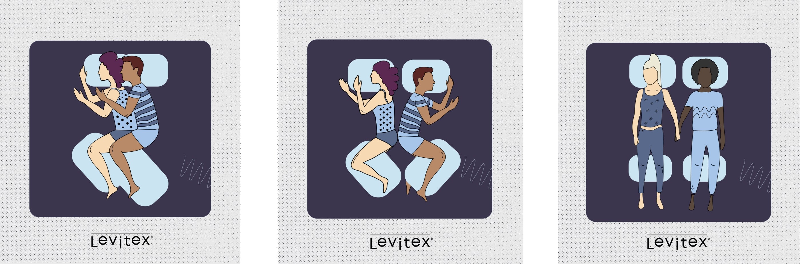 illustrations of side-sleeping and back-sleeping positions for couples