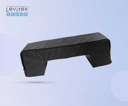 Black bridge-shaped cushion on a light blue background with Levitex Rehab logo.