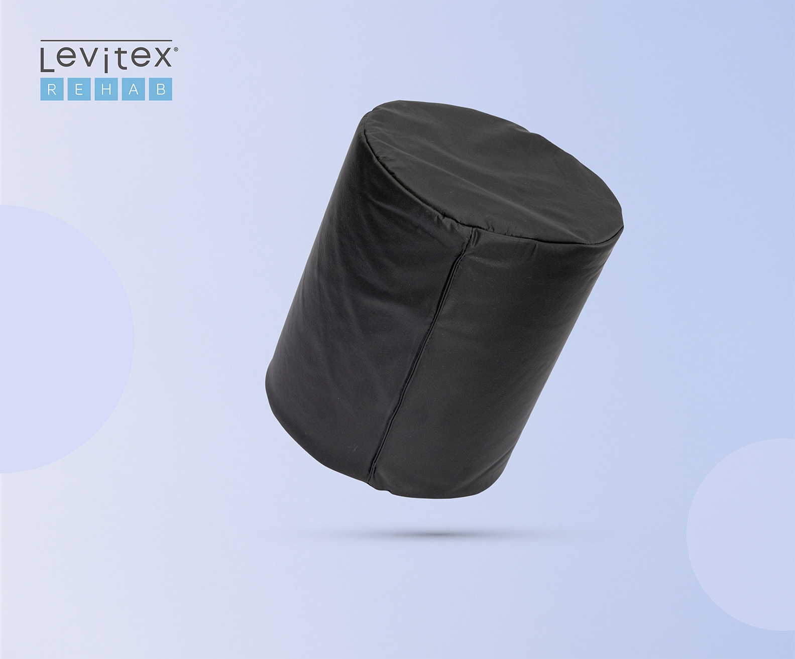 Black cylindrical pillow on a light blue background with 'Levitex Rehab' branding.