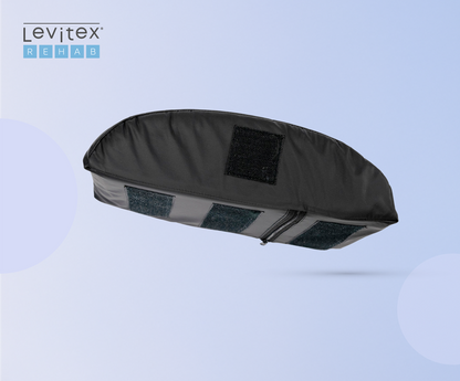 Black Knee blocker support with velcro on a light blue background, featuring the Levitex Rehab logo.