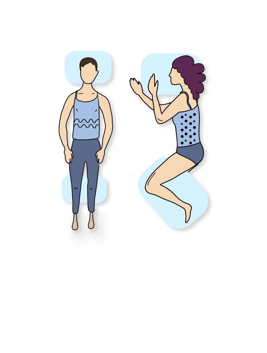 illustration of a man sleeping on his back with a pillow under his knees and a woman sleeping on her side with a pillow between her knees and ankles