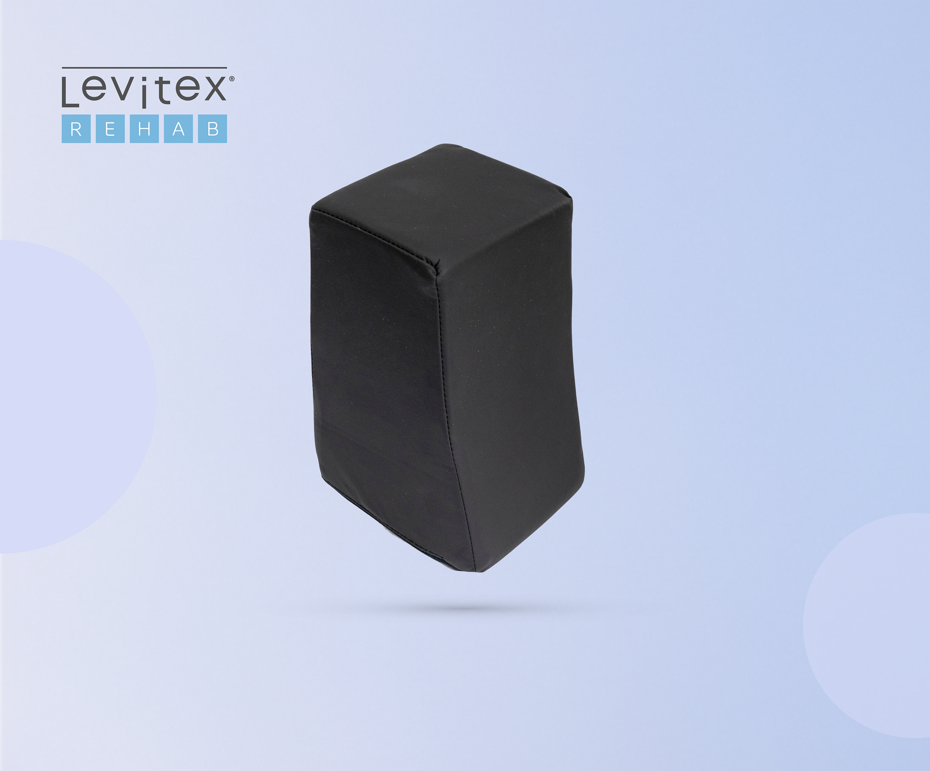 Black pelvic pad cushion on a light blue background with 'Levitex Rehab' branding.