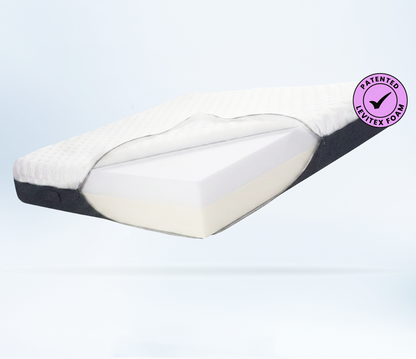 Sleep posture mattress with 'Patented Levtex Foam' label on a white background