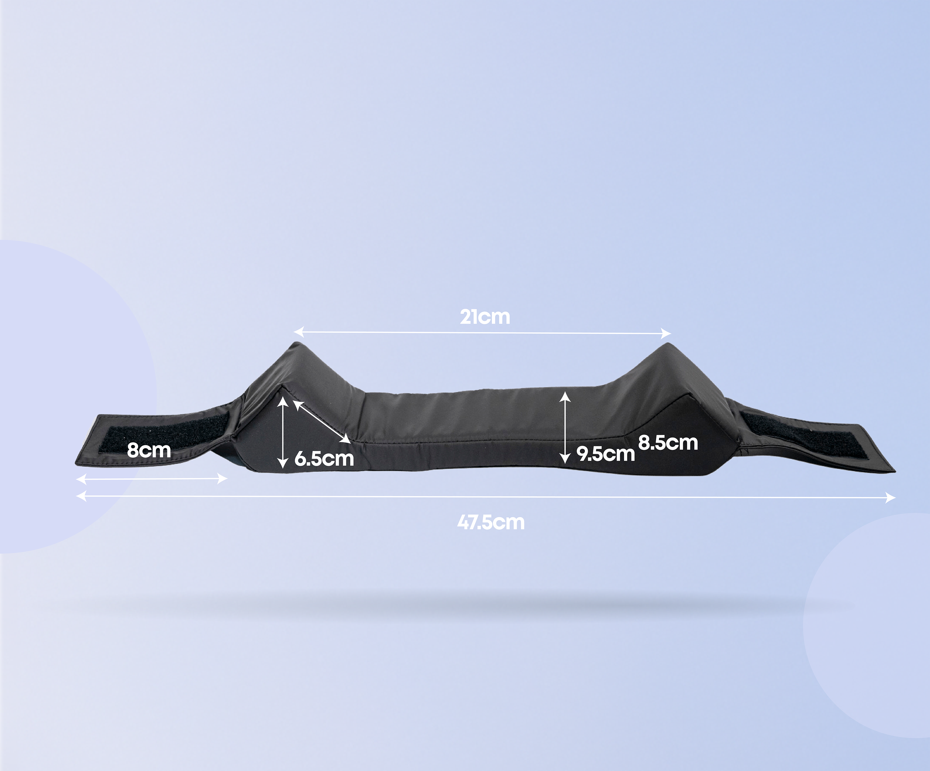 Black strap with measurements on a light blue background