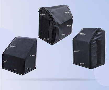 Three black Thorax supports with labeled dimensions on a light blue background