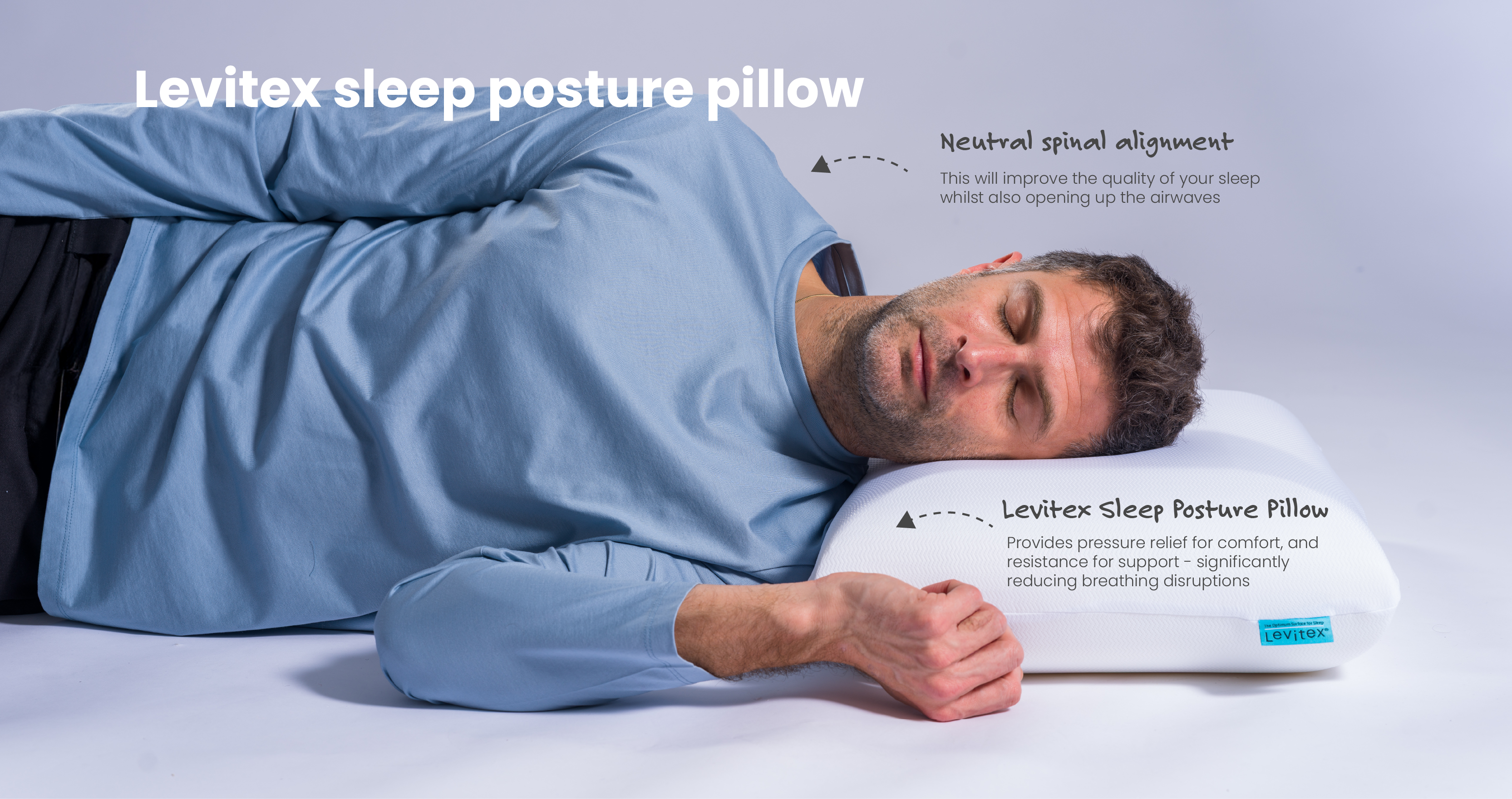 Man lying on a bed with a Levitex sleep posture pillow, showing proper spinal alignment.